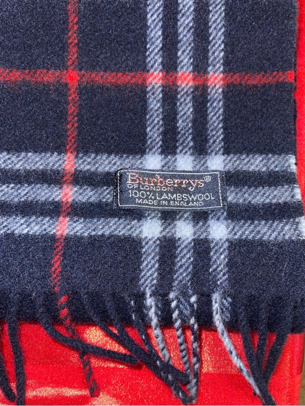 Vintage EUC Burberry Unisex Navy & Red Lambswool Plaid Scarf 51”x12”